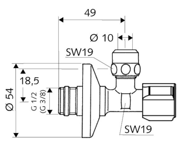 SCHELL Eckventil mit Regulierfunktion COMFORT mit Filter, Filter (Maschenweite: 250 µm), COMFORT-Griff, Schubrosette Ø 54 mm, DN 15 G 1/2 AG mit ASAG easy, DN 10 G 3/8 AG, chrom
