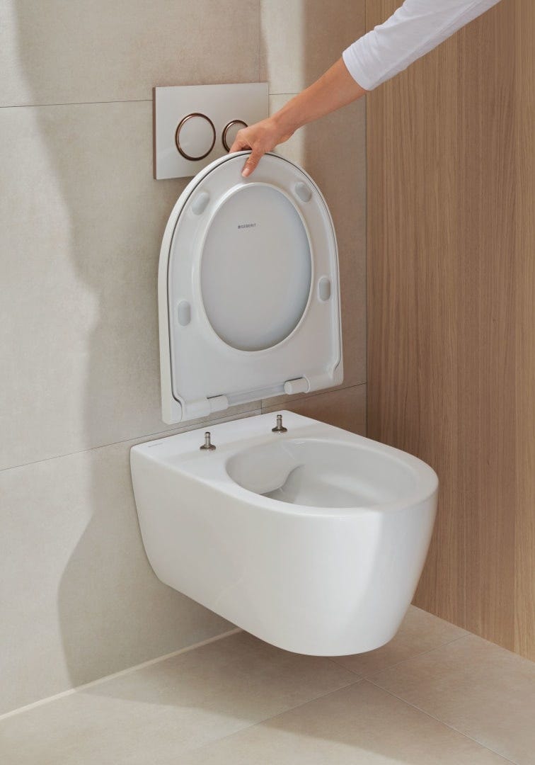 Geberit iCon Set Wand-WC Tiefspüler, geschlossene Form, Rimfree, mit WC-Sitz: T=53cm, Absenkautomatik=ja, QuickRelease-Scharniere=Ja, verriegelbar, Befestigung=von oben, weiß