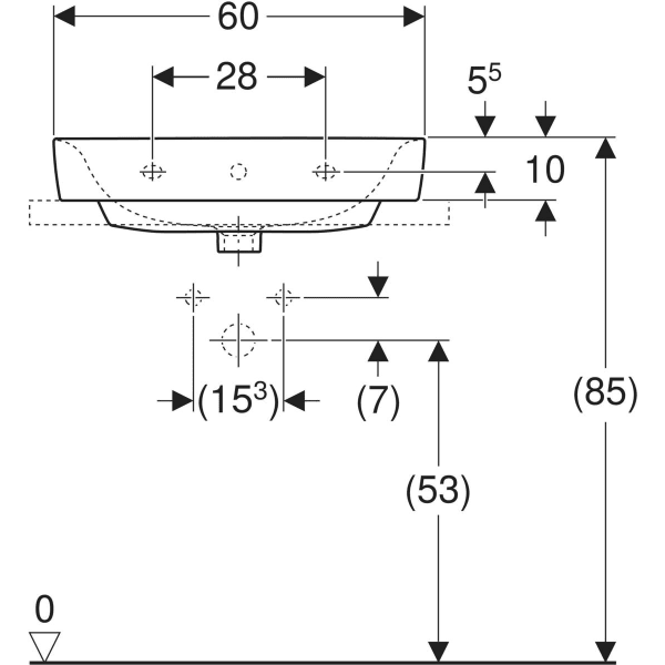 Geberit Renova Plan Aufsatzwaschtisch: 60x48cm, Hahnloch=mittig, Überlauf=sichtbar, weiß