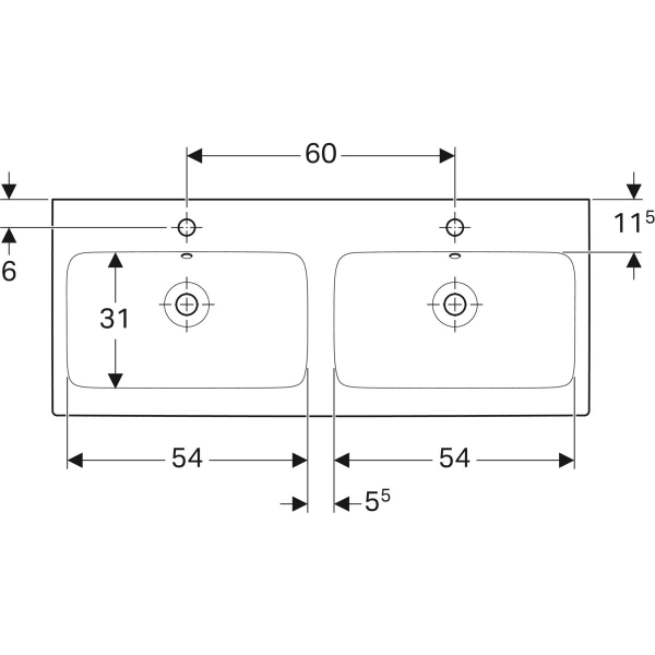 Geberit iCon Doppelwaschtisch: 120x48.5cm, Hahnloch=mittig, Überlauf=sichtbar, weiß