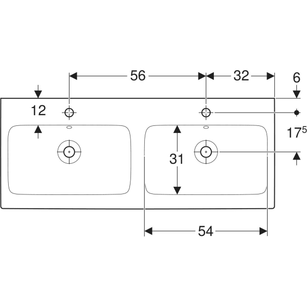 Geberit iCon Doppelwaschtisch: 120x48.5cm, Hahnloch=mittig, Überlauf=sichtbar, weiß