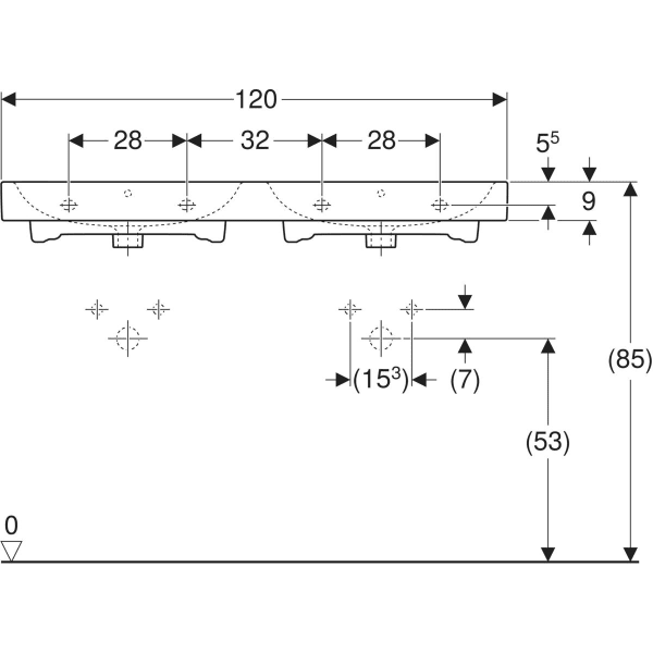 Geberit iCon Doppelwaschtisch: 120x48.5cm, Hahnloch=mittig, Überlauf=sichtbar, weiß