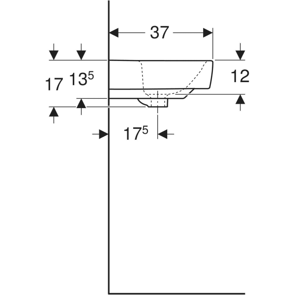 Geberit Renova Compact Waschtisch, Keramik, hängend, weiß, mit sichtbarem Überlauf, 1 Platz