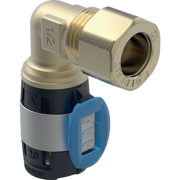 Geberit FlowFit Übergangswinkel 90° mit Klemmringverschraubung: Werkstoff=Bleifreier Rotguss (CuSn4Zn2PS), d=16mm, d1=15mm