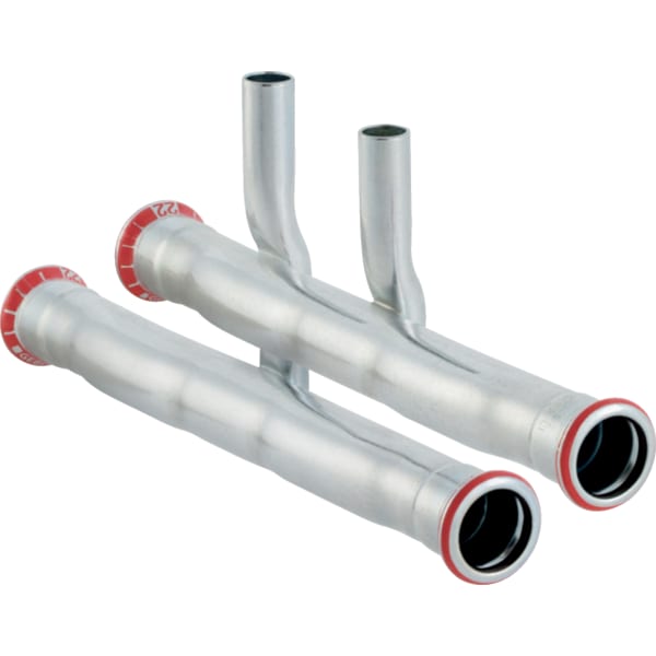 Geberit Mapress C-Stahl Set Anschluss-T-Stück für Vor- und Rücklauf für Heizung und Kühlung, Sockelleistensysteme, Stahl unlegiert, Form Abzweig, 90° Winkel, unbehandelt