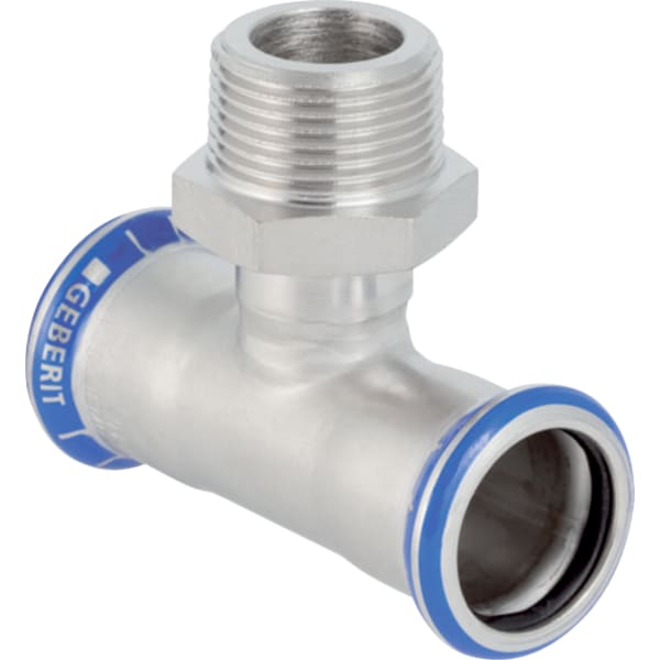 Geberit Mapress Edelstahl T-Stück mit Außengewinde: d=18mm, R=1/2″, d1=18mm