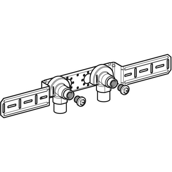 Geberit Anschlusswinkel 90° mit Außengewinde MF 1/2", vormontiert, zweifach: CC499K, RMF=1/2″, Rp=1/2″, L1=5.2cm, AD=15.3cm
