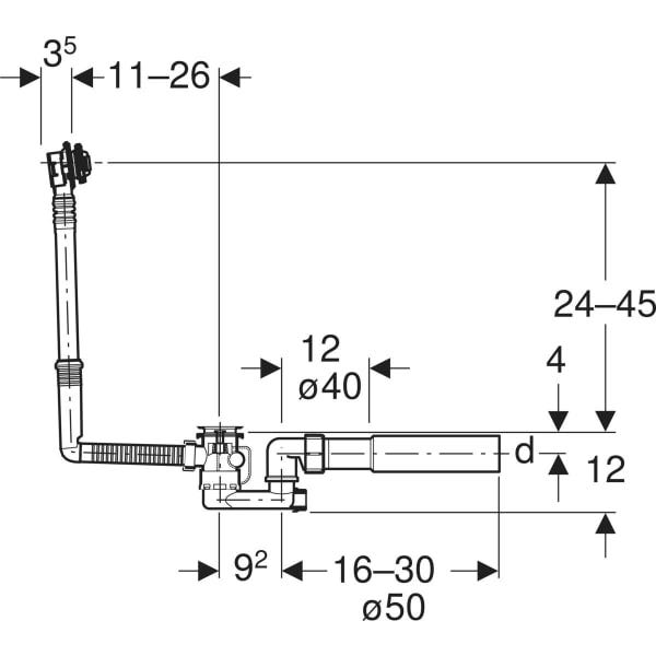 Geberit Badewannenablauf mit Drehbetätigung mit Überlauf und Ablaufventil, DN 40, d=40/50 mm