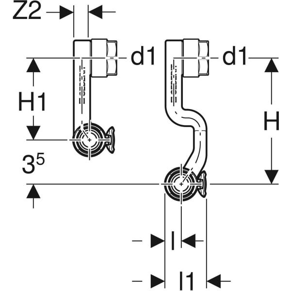Geberit FlowFit Set Anschluss-T-Stücke für Vor- und Rücklauf, mit Anschlussverschraubung für Eurokonus: Werkstoff=Bleifreie Siliziumbronze (CuZn21Si3P), d=20mm, d1=15mm, vernickelt