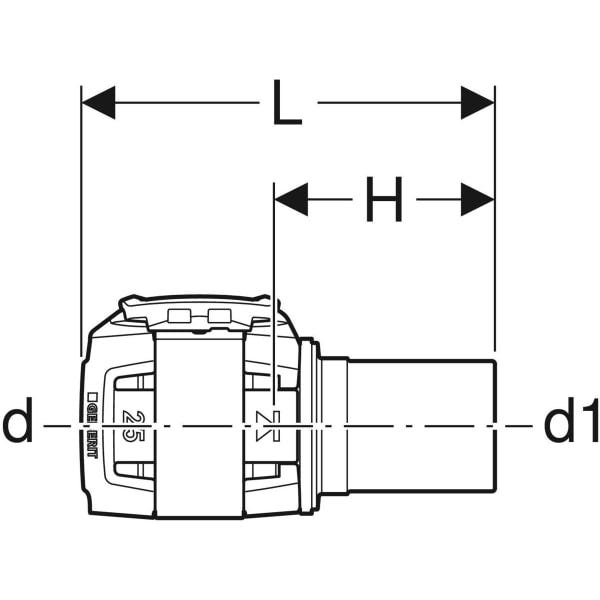 Geberit FlowFit Übergang auf Geberit Mapress mit Einschubende, Werkstoff Edelstahl CrNiMo-Stahl 1.4401 (DIN EN 10088)