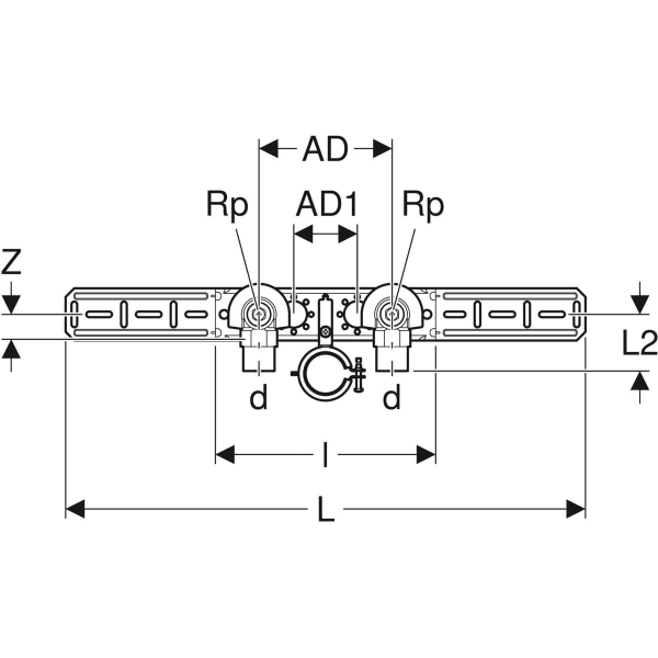 Geberit FlowFit Anschlusswinkel 90° vormontiert, zweifach, gedämmt aus Bronze mit Ablaufrohr-
schelle und Anschlussbogen