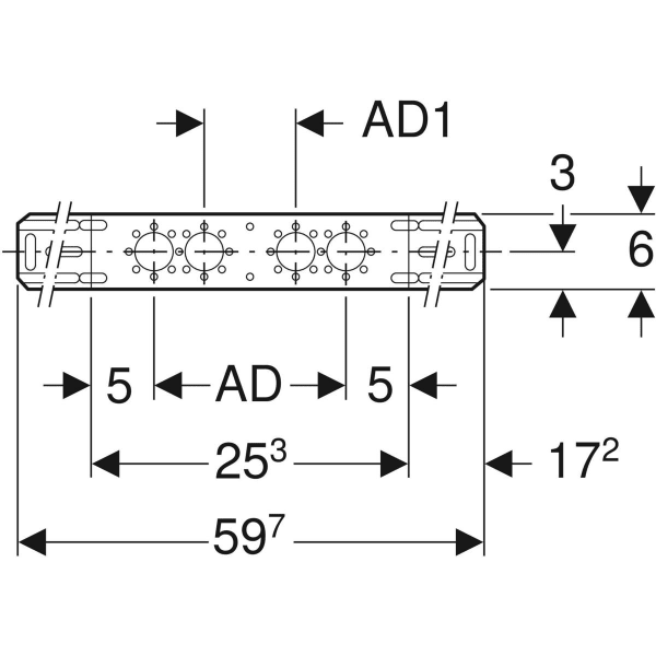Geberit Montageplatte abgesetzt, zweifach, Anschlussdistanz 7,3 cm oder 15,3 cm: 1.0215, AD=15.3cm, AD1=7.3cm