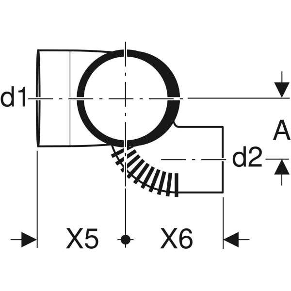 Geberit Silent-db20 Schachtbogenabzweig 88,5° links: d=110mm, d1=110mm, d2=75mm
