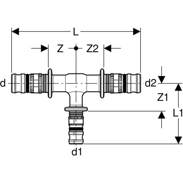 Geberit Mepla T-Stück reduziert: PVDF, d=16mm, d1=20mm, d2=16mm