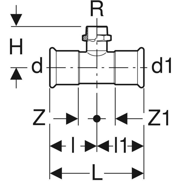 Geberit Mapress Edelstahl T-Stück mit Außengewinde: d=18mm, R=1/2″, d1=18mm