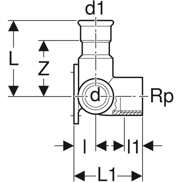 Geberit Mapress Edelstahl Eckanschlusswinkel 90°: d=15mm, Rp=1/2″, d1=15mm, L1=4.3cm