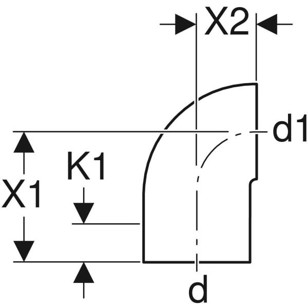 Geberit PE Bogen 90° reduziert, mit langem Schenkel und kleinem Radius: 90°, d=56mm, d1=50mm