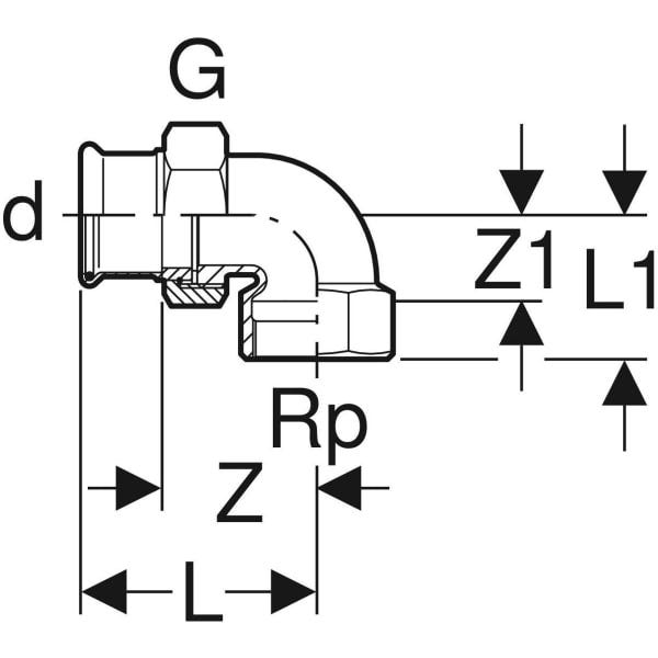 MAPRESS Kupfer(Rg) 90° Winkelverschraubung, Pressmuffe - Innengewinde zylindrisch BSPT-Rp