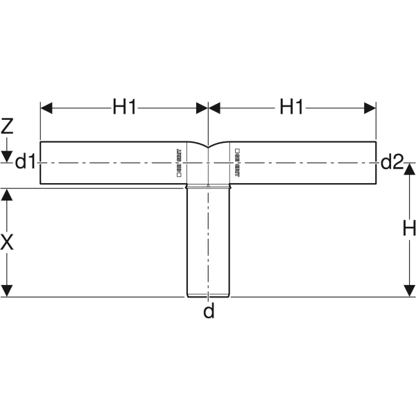 Geberit Silent-PP Doppelanschlussbogen 90° verlängert: d=50mm, d1=46mm, d2=46mm