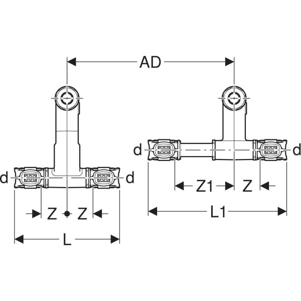 Geberit FlowFit Set Anschluss-T-Stücke für Vor- und Rücklauf, mit Anschlussverschraubung für Eurokonus: Werkstoff=Bleifreie Siliziumbronze (CuZn21Si3P), d=20mm, d1=15mm, vernickelt