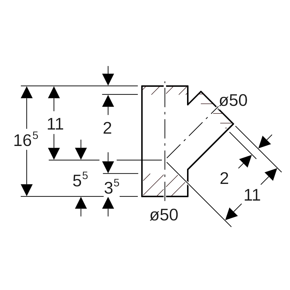 Geberit PE Abzweig 45°: d=50mm, d1=50mm