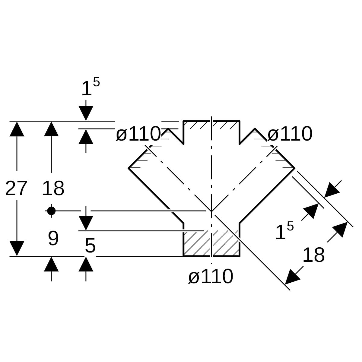 Geberit PE Abzweig 45° zweifach: d=110mm, d1=110mm