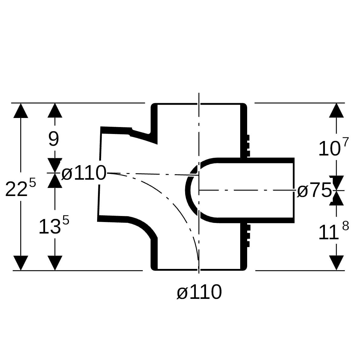 Geberit Silent-db20 Schachtbogenabzweig 88,5° links: d=110mm, d1=110mm, d2=75mm