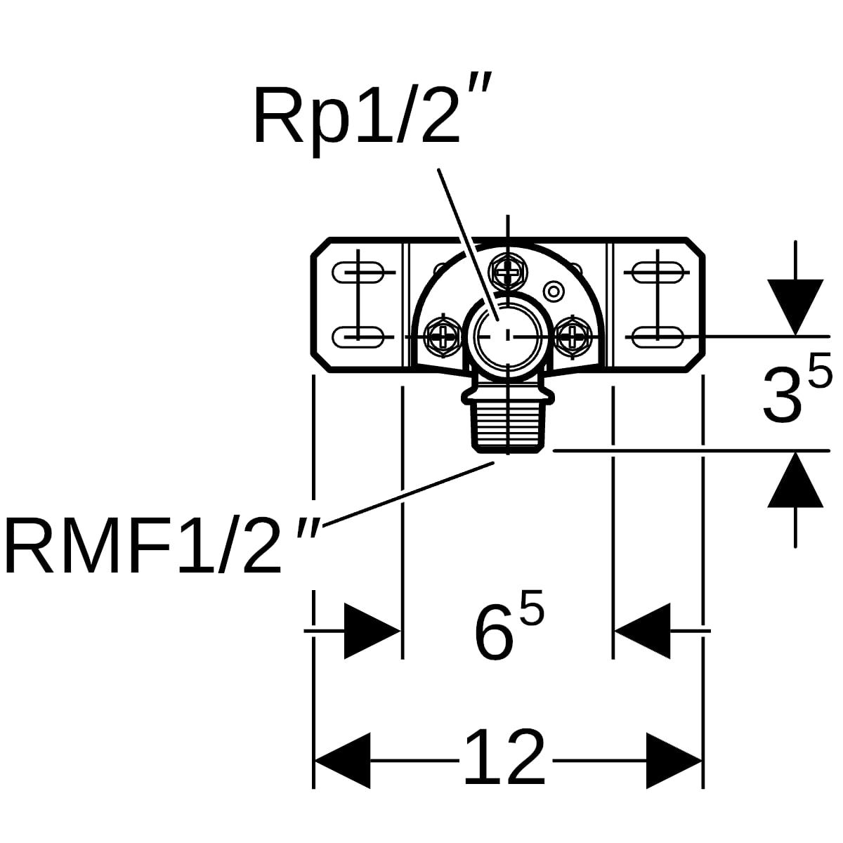 Geberit Anschlusswinkel 90° mit Außengewinde MF 1/2", vormontiert, einfach, kurz: CC499K, RMF=1/2″, Rp=1/2″, L1=5.7cm