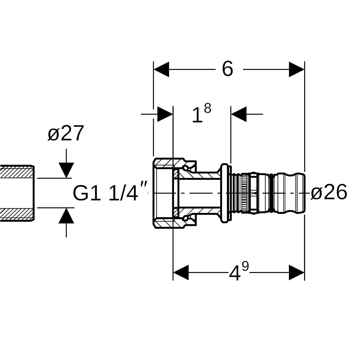 Geberit Mepla Übergang mit Überwurfmutter: CC499K, d=26mm
