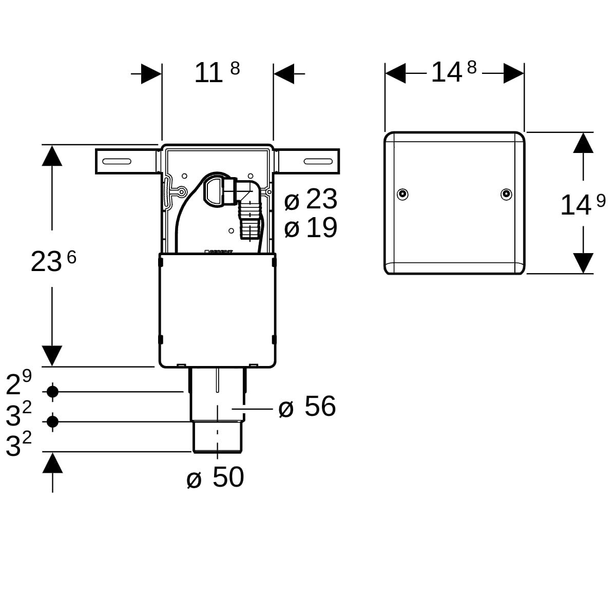 Geberit Set UP-Geruchsverschluss für Geräte, mit einem Anschluss, Wandeinbaukasten und Abdeckplatte: d=50–56mm