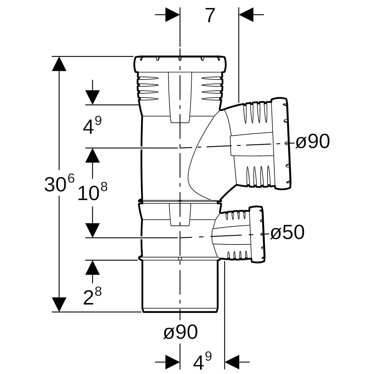Geberit Silent-Pro Kombibogenabzweig 87,5Grad, Schiebeende, 4-Anschluss-Fitting