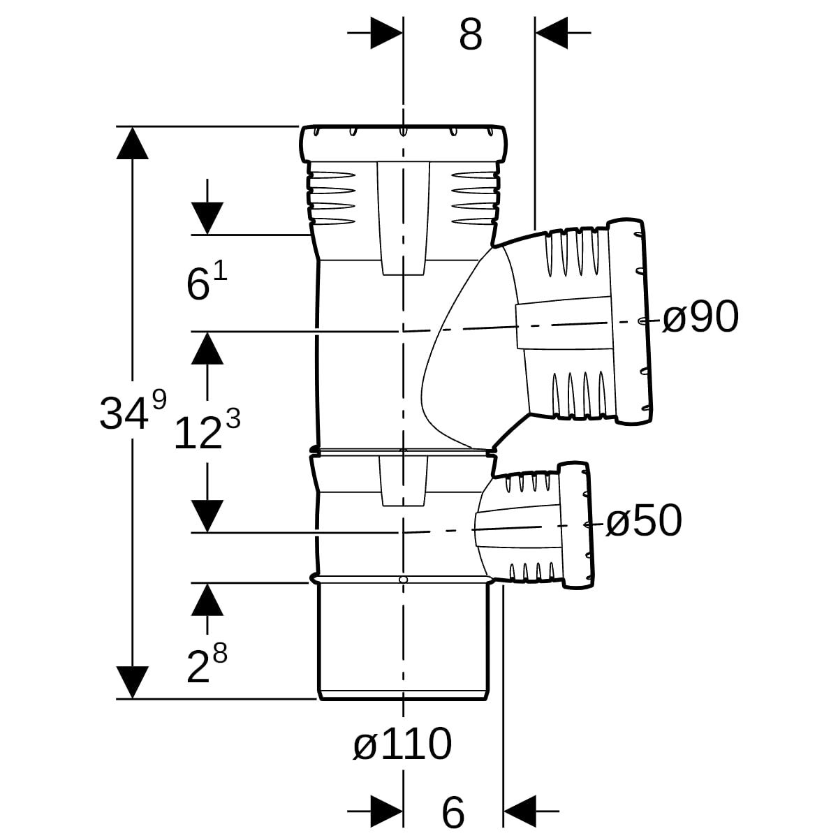 Geberit Silent-Pro Kombibogenabzweig 87,5Grad, Schiebeende, 4-Anschluss-Fitting