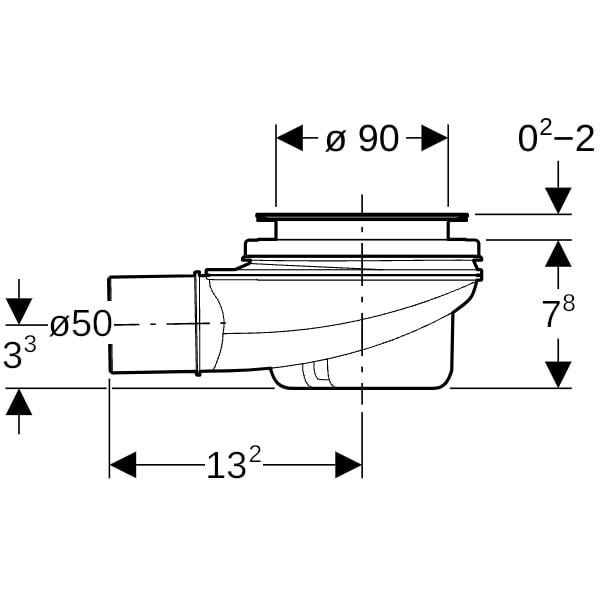 Geberit Duschwannenablauf d90, Sperrwasserhöhe 50 mm, Abgang aus PP: d=50mm, Anschlussstutzen=PP