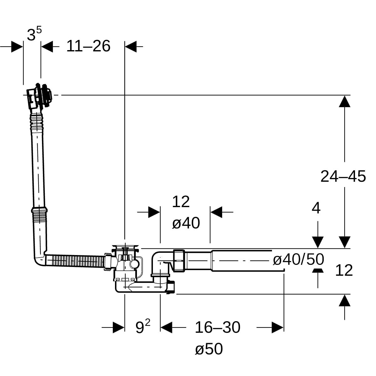 Geberit Badewannenablauf mit Drehbetätigung mit Überlauf und Ablaufventil, DN 40, d=40/50 mm