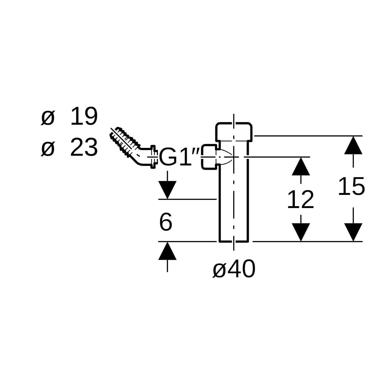 Geberit Anschlussstutzen mit Quetschverschraubung und Winkelschlauchtülle: d=40mm, G=1″, weiß-alpin