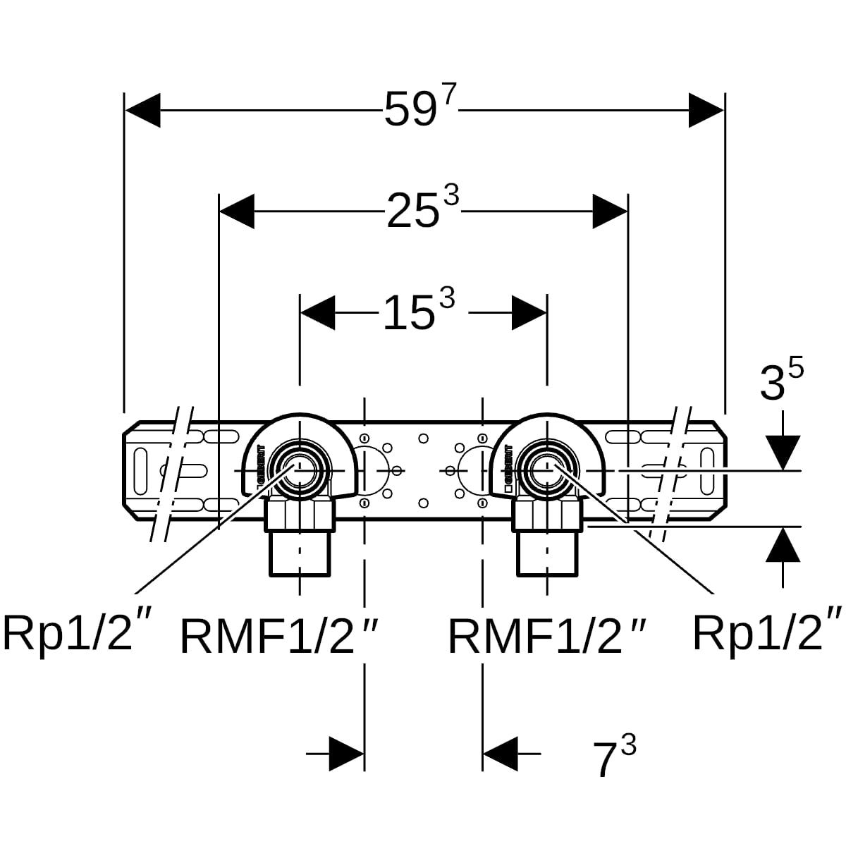 Geberit Anschlusswinkel 90° mit Außengewinde MF 1/2", vormontiert, zweifach: CC499K, RMF=1/2″, Rp=1/2″, L1=5.2cm, AD=15.3cm