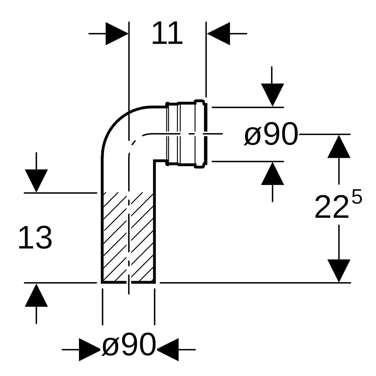Geberit PE Anschlussbogen 90° für Wand-WC: d=90mm, d1=90mm