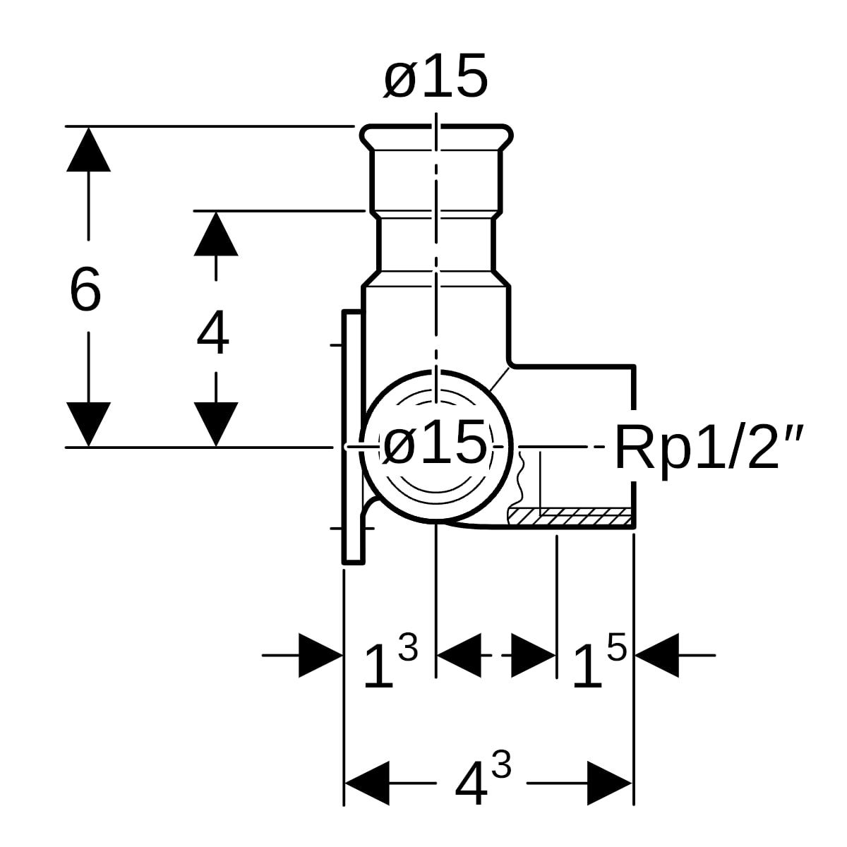 Geberit Mapress Edelstahl Eckanschlusswinkel 90°: d=15mm, Rp=1/2″, d1=15mm, L1=4.3cm