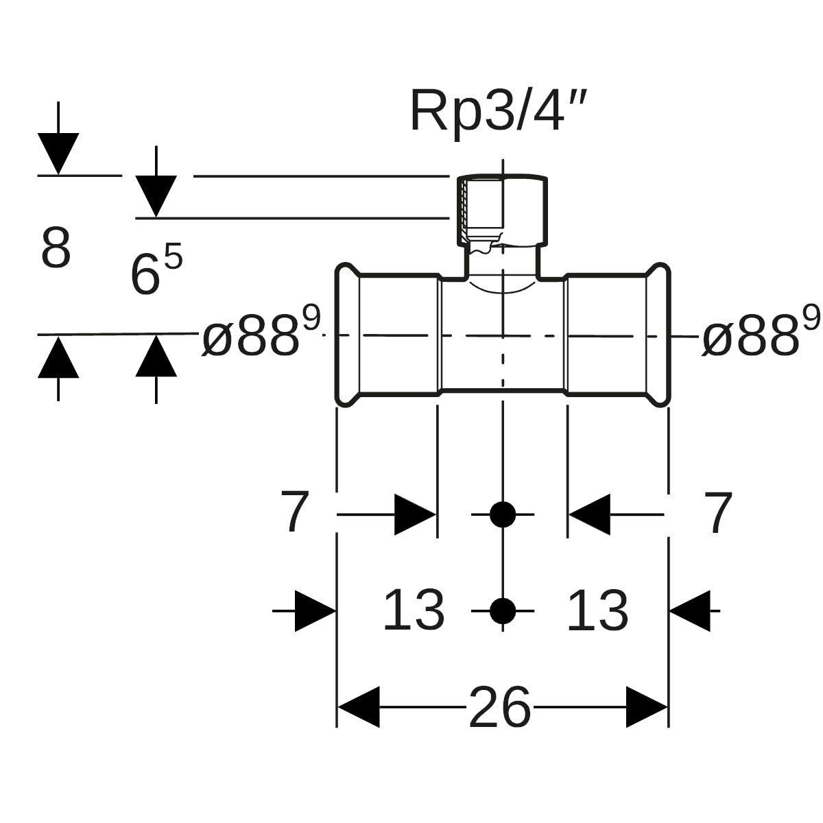 C-Stahl T-Stück mit Innengewinde und Pressmuffe, 90°