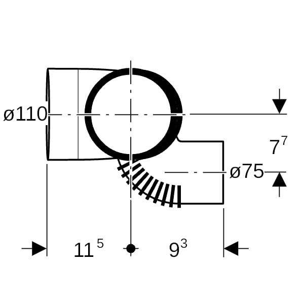 Geberit Silent-db20 Schachtbogenabzweig 88,5° links: d=110mm, d1=110mm, d2=75mm