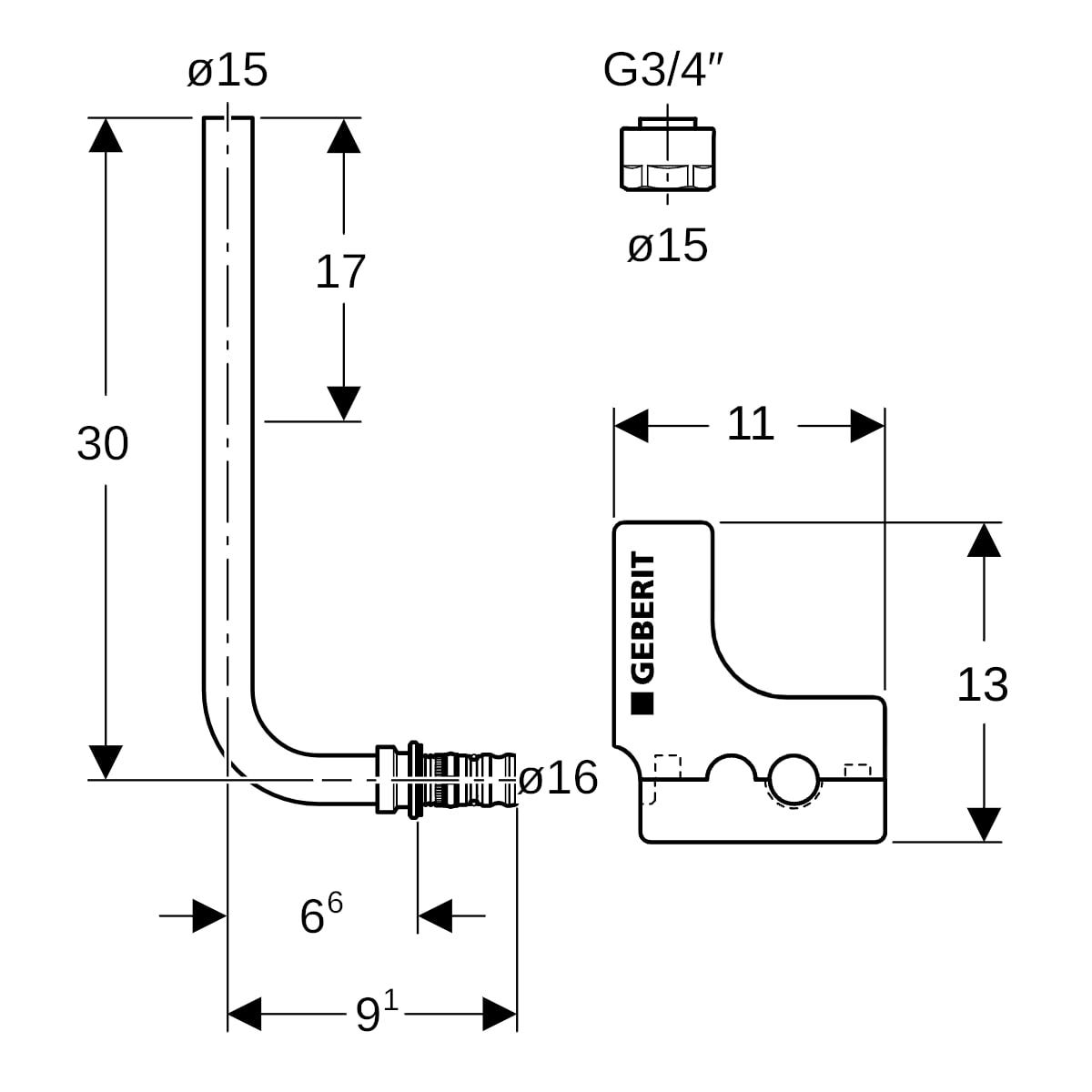 Geberit Mepla Metallrohr-Anschlussbogen 90° mit Dämmbox und Anschlussverschraubung für Eurokonus: Werkstoff=Messing / Kupfer, d=16mm, d1=15mm, L1=30cm, vernickelt