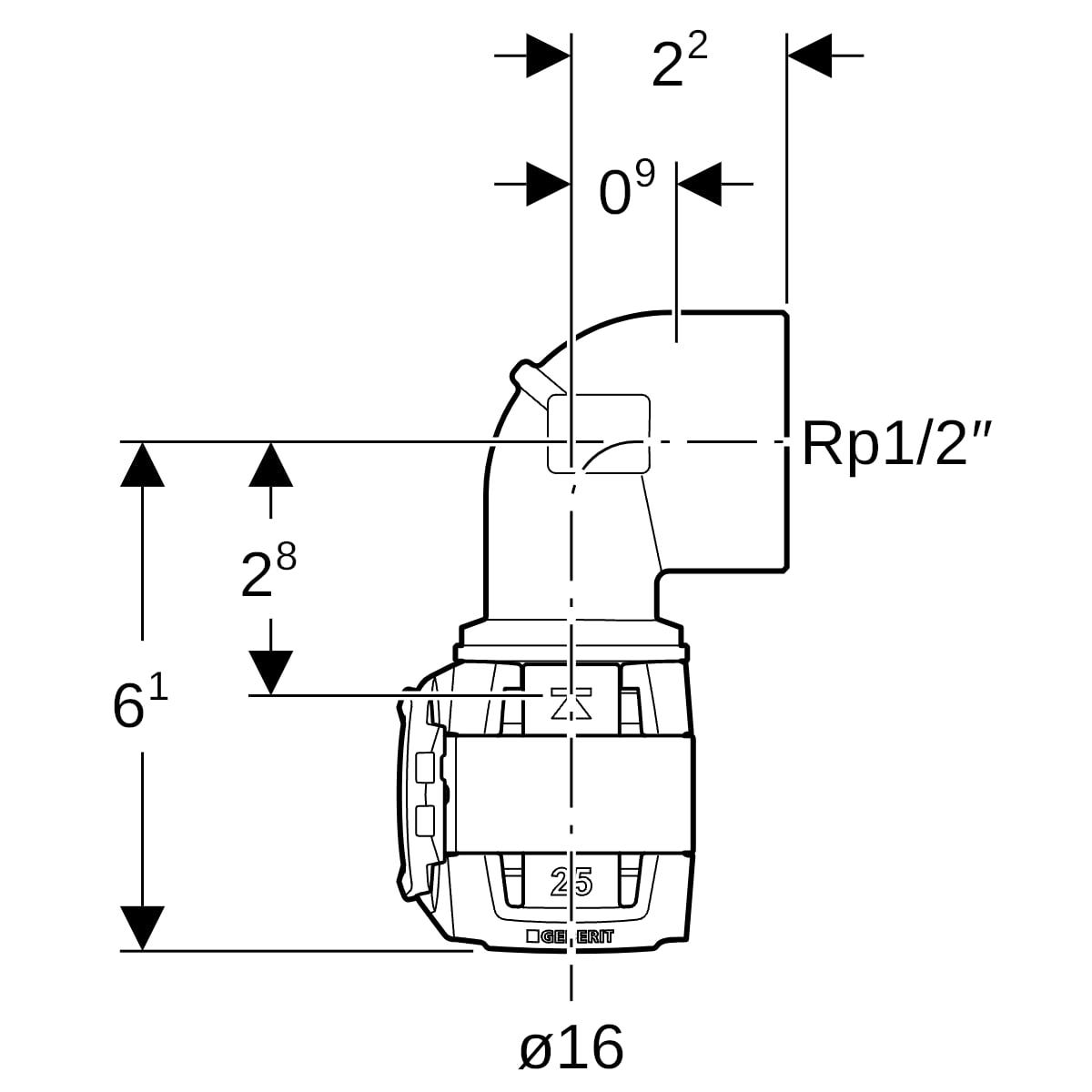 Geberit FlowFit Übergangsbogen 90° mit Innengewinde, Werkstoff bleifreier Rotguss (CuSn4Zn2PS)