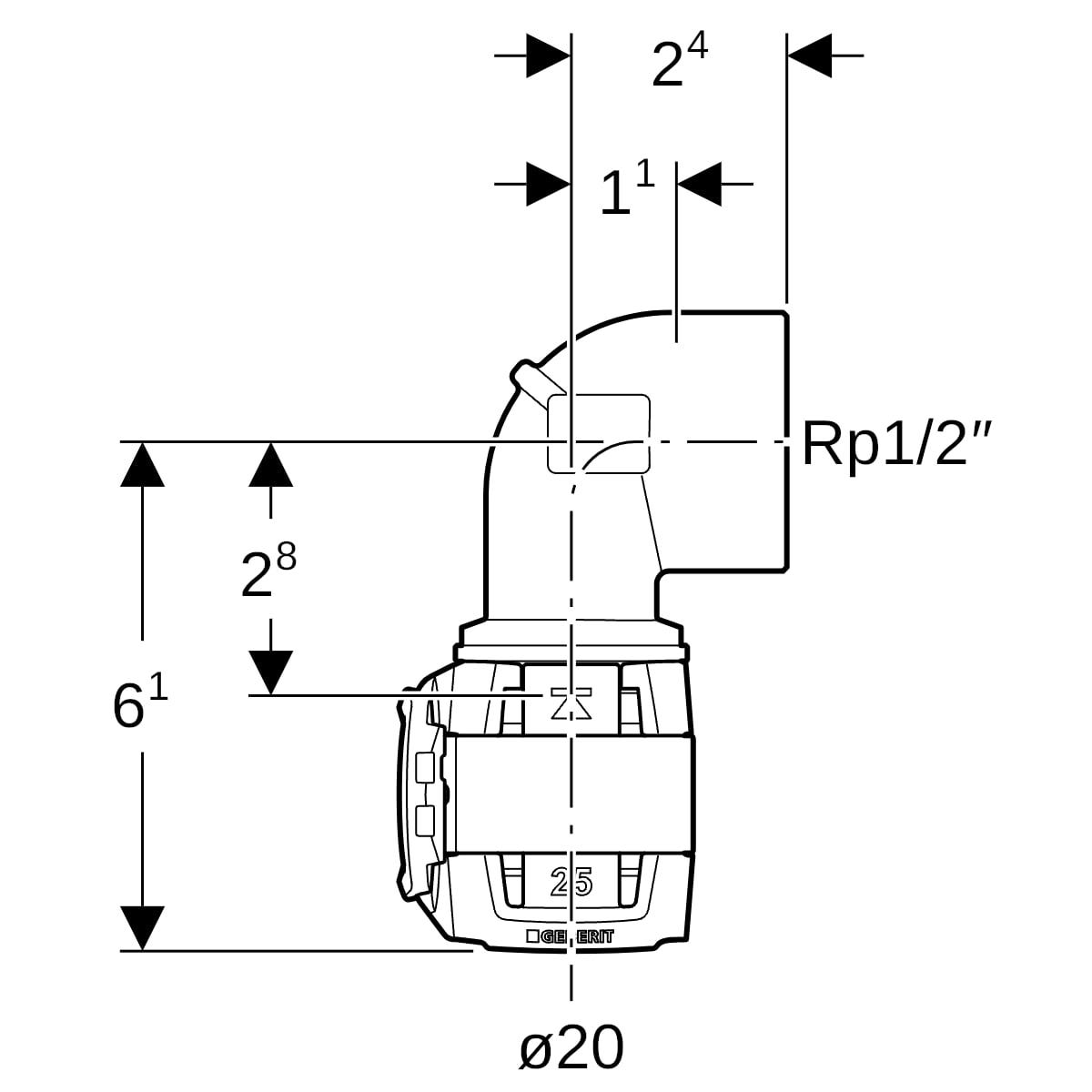 Geberit FlowFit Übergangsbogen 90° mit Innengewinde, Werkstoff bleifreier Rotguss (CuSn4Zn2PS)