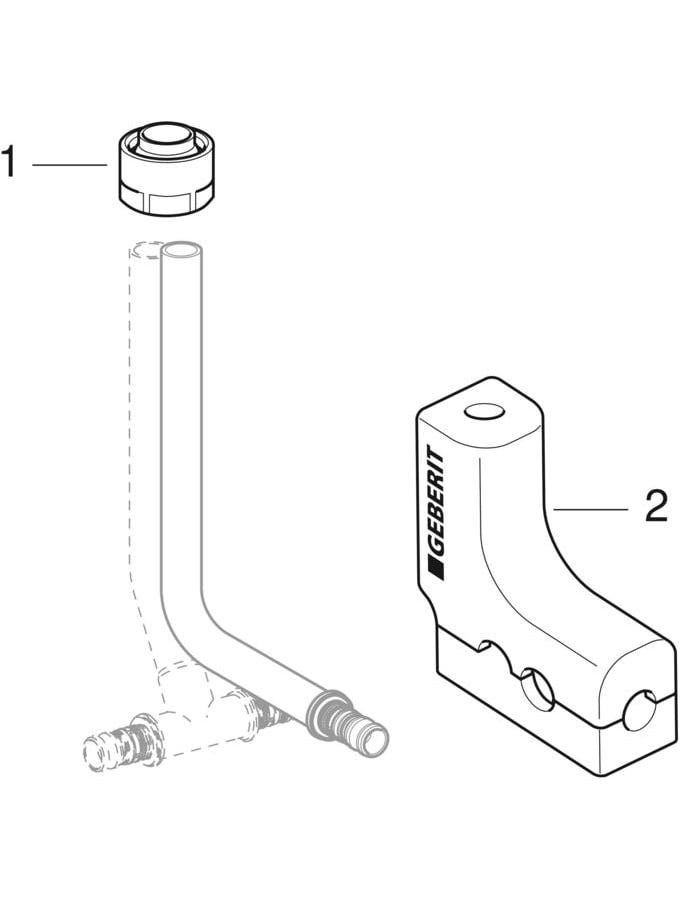 Geberit Mepla Metallrohr-Anschlussbogen 90° mit Dämmbox und Anschlussverschraubung für Eurokonus: Werkstoff=Messing / Kupfer, d=16mm, d1=15mm, L1=30cm, vernickelt