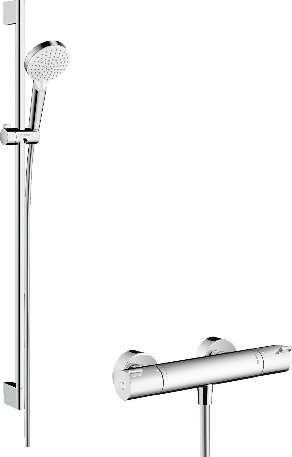 hansgrohe Crometta Brausesystem Aufputz Vario mit Ecostat 1001 CL Thermostat und Brausestange 90 cm, Weiß/Chrom