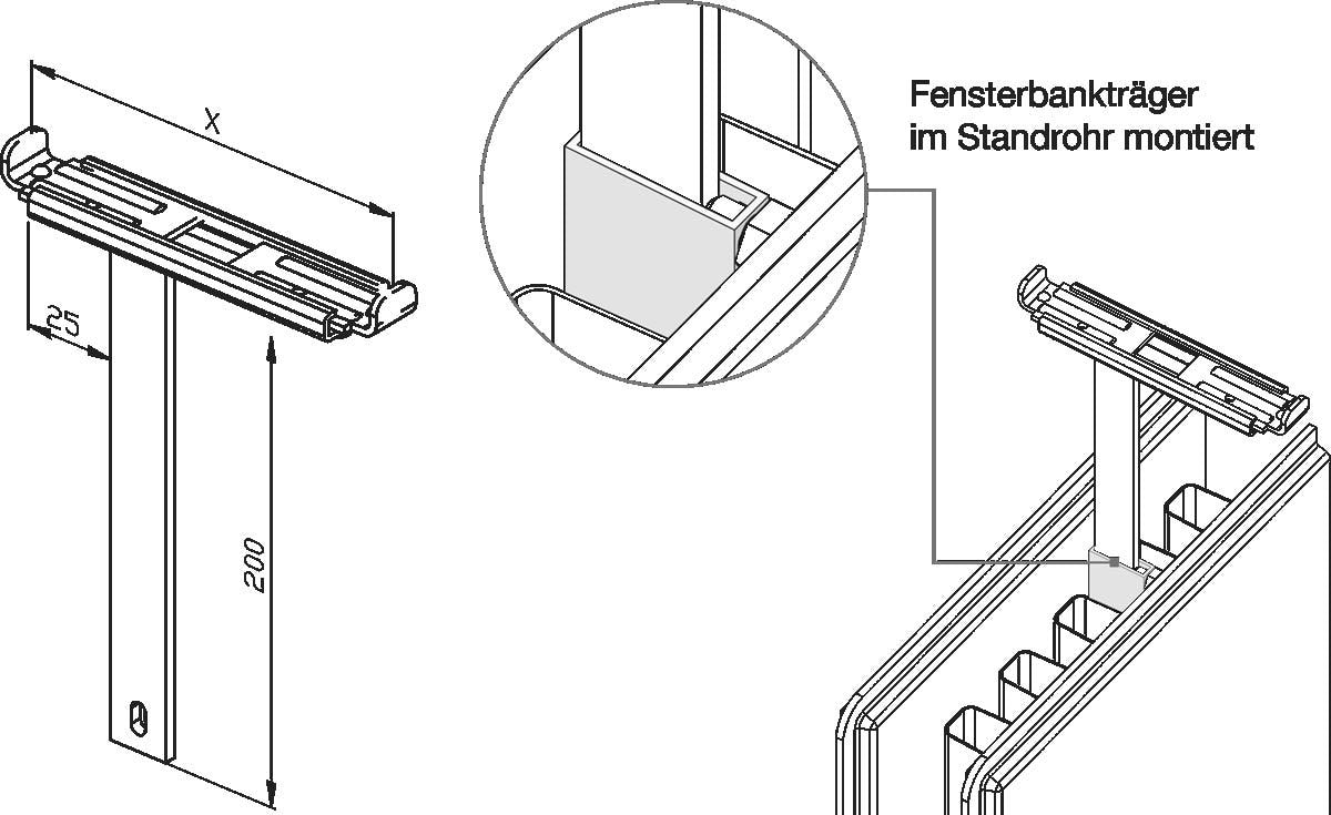 Fensterbankträger für Standfixstandrohre, höhen- und tiefenverstellbar, für WEMEFA Rohre 35 x 10 mm, verzinkt