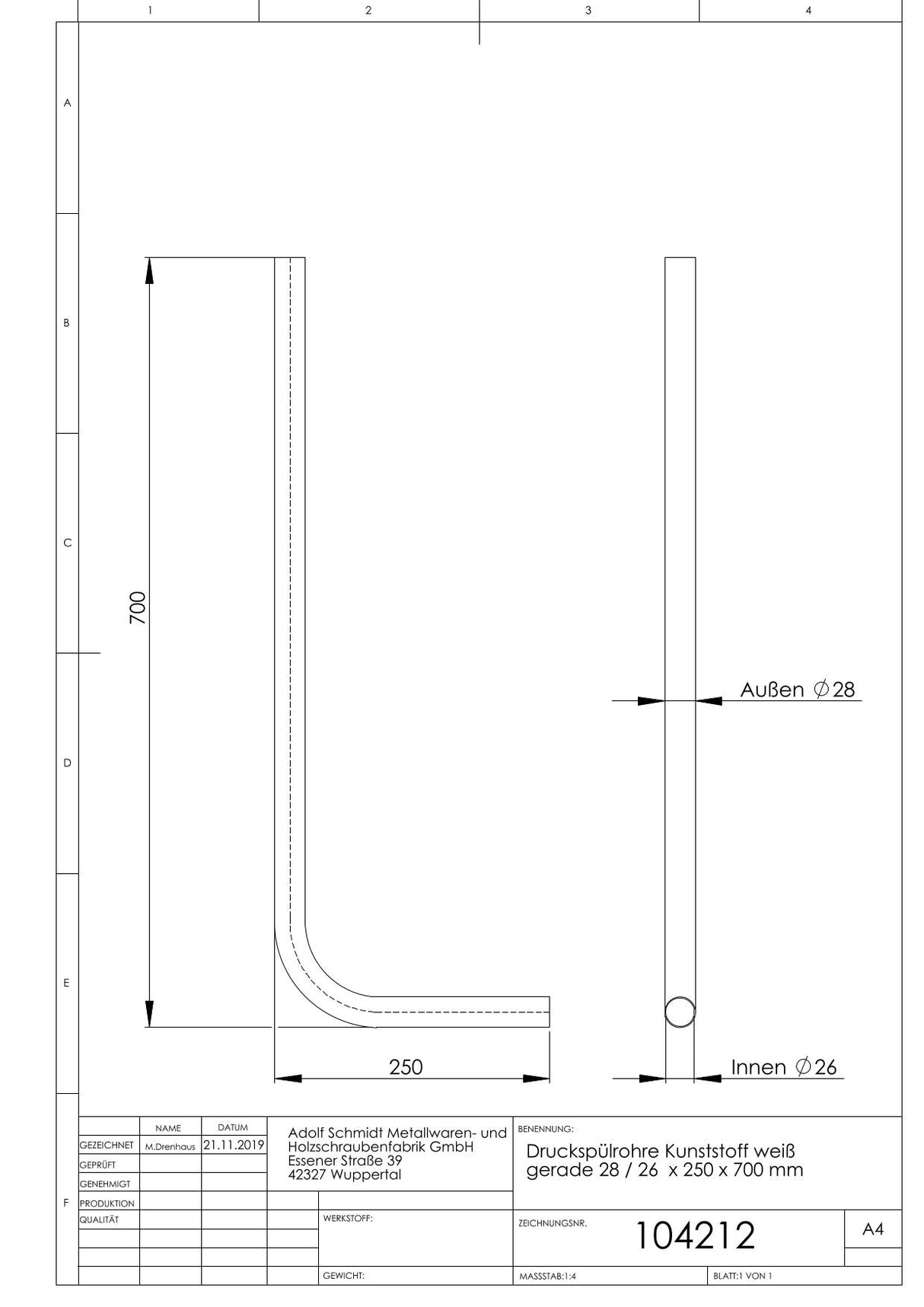 Druckspülrohre Kunststoff weiß gerade 28 / 26 x 250 x 700 mm