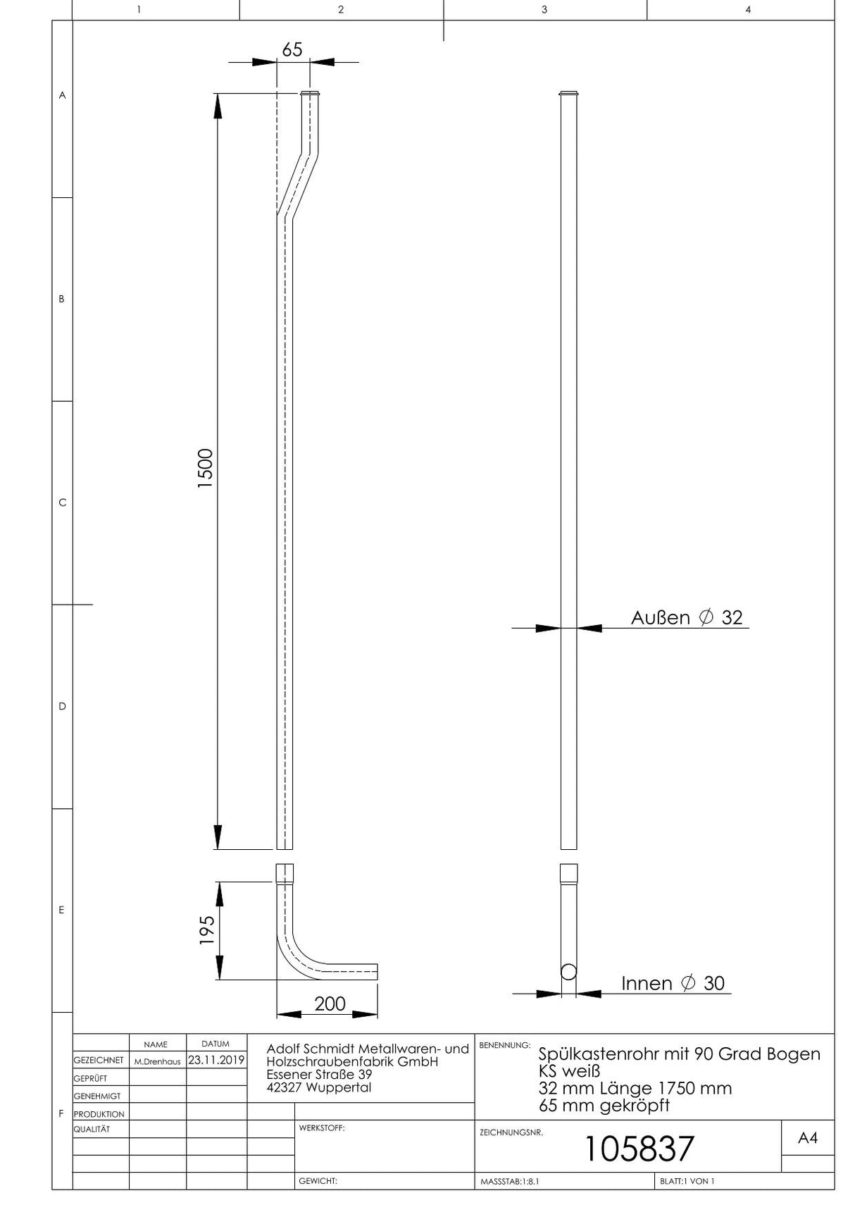 Spülkastenrohr mit 90 Grad Bogen KS weiß 32 mm Länge 1750 mm / 65 mm gekröpft