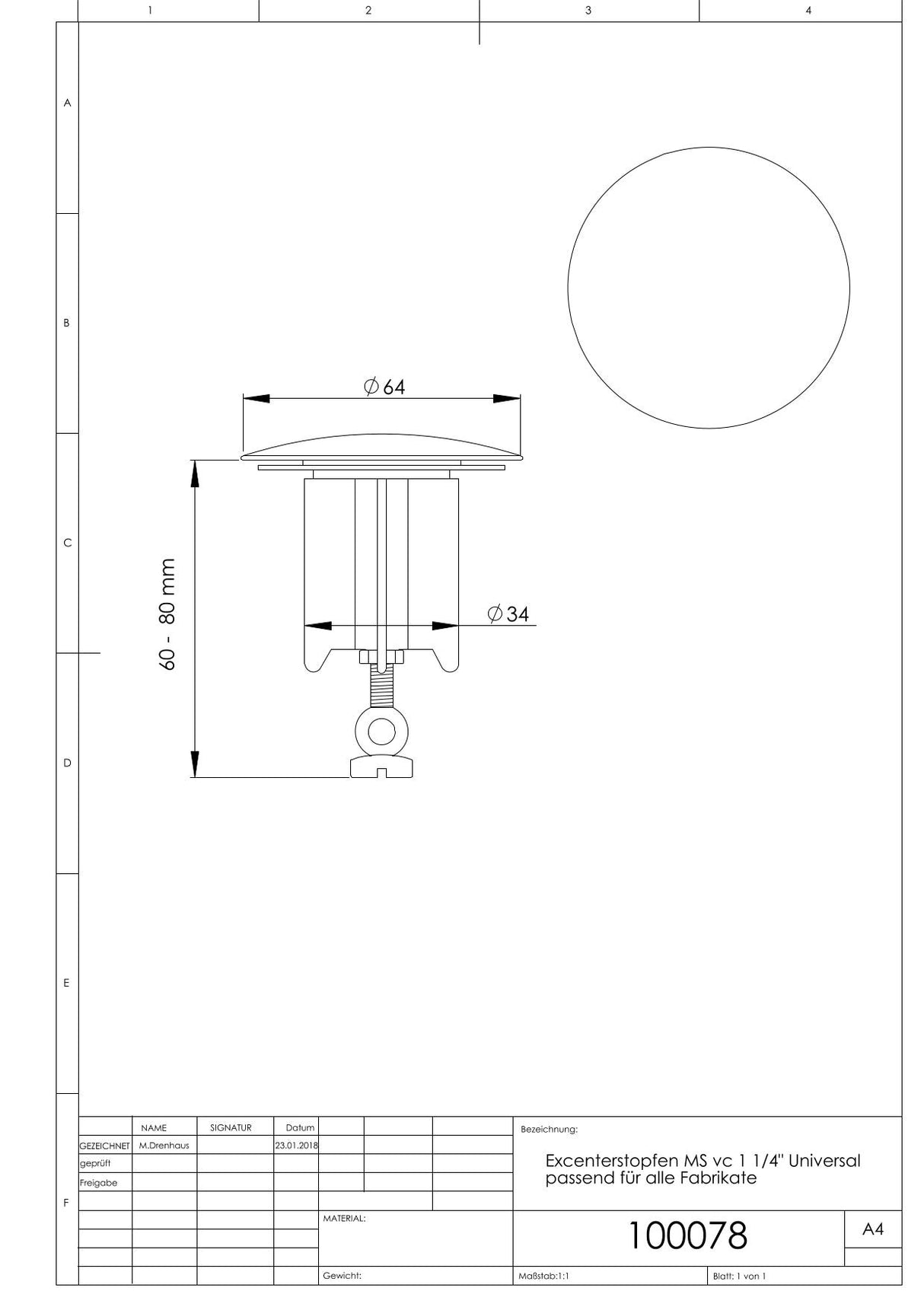Excenterstopfen MS vc 1 1/4" Universal passend für alle Fabrikate