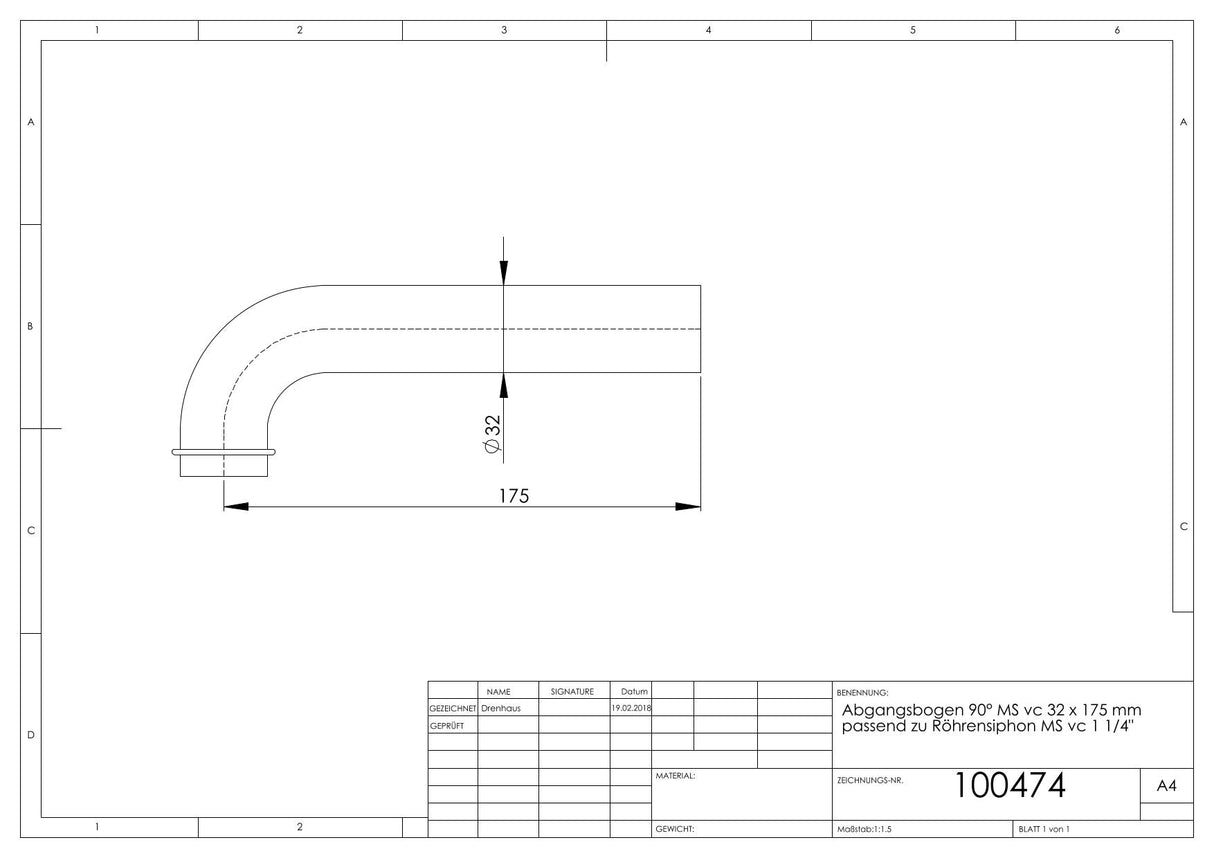 Abgangsbogen 90 Grad Messing verchromt mit Bördelrand und Rohraußendurchmesser 32 mm